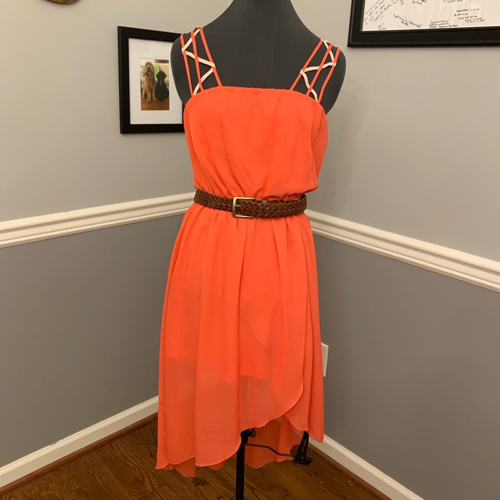 High low coral dress with unique straps